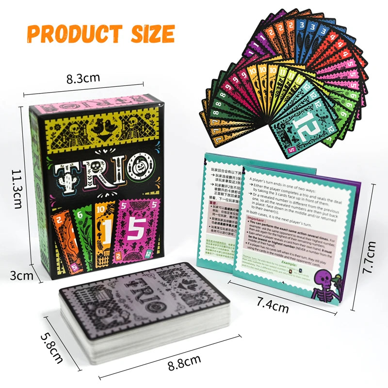 Card game set with cards, box, and instructions, showing product size dimensions.