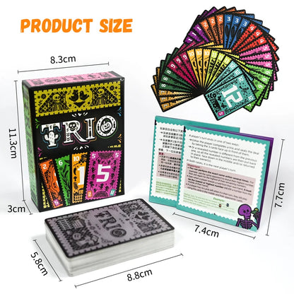 Card game set with cards, box, and instructions, showing product size dimensions.