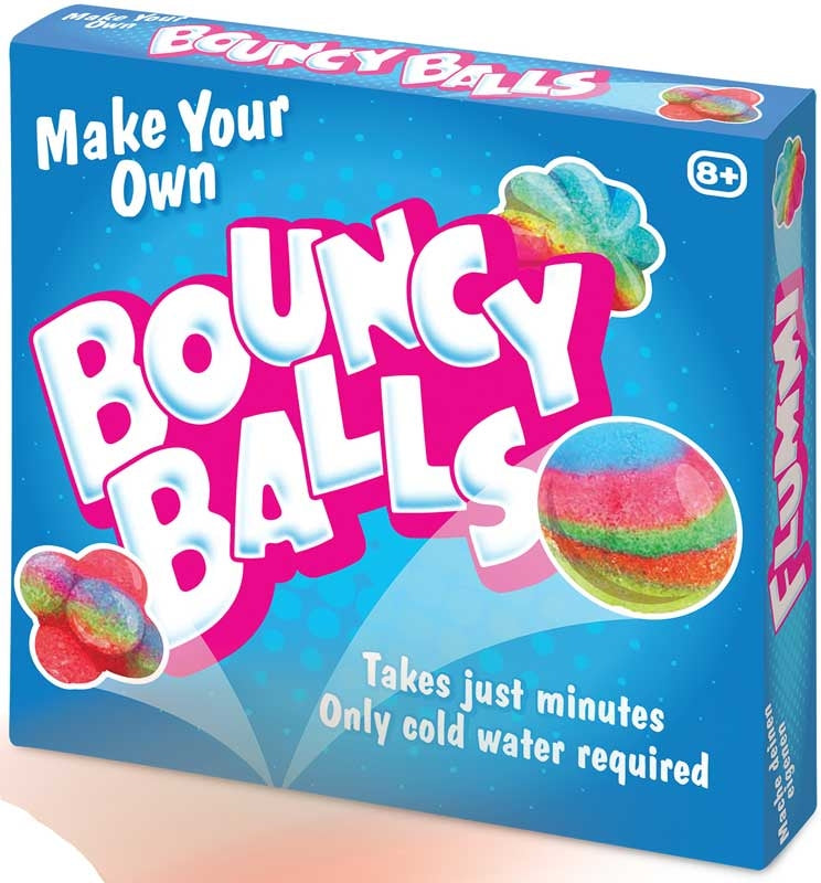 Box of 'Make Your Own Bouncy Balls' craft kit with colorful text and graphics.
