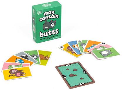 Card game 'May Contain Butts' with cards and packaging on a white background