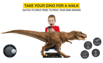Dinosaur 4D+ Augmented Reality Cards Child with a large toy dinosaur and control device, with text about driving mode.
