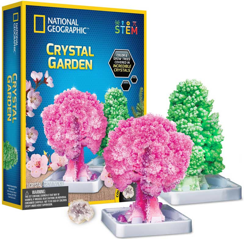 National Geographic Crystal Garden kit with pink and green crystal trees on a white background