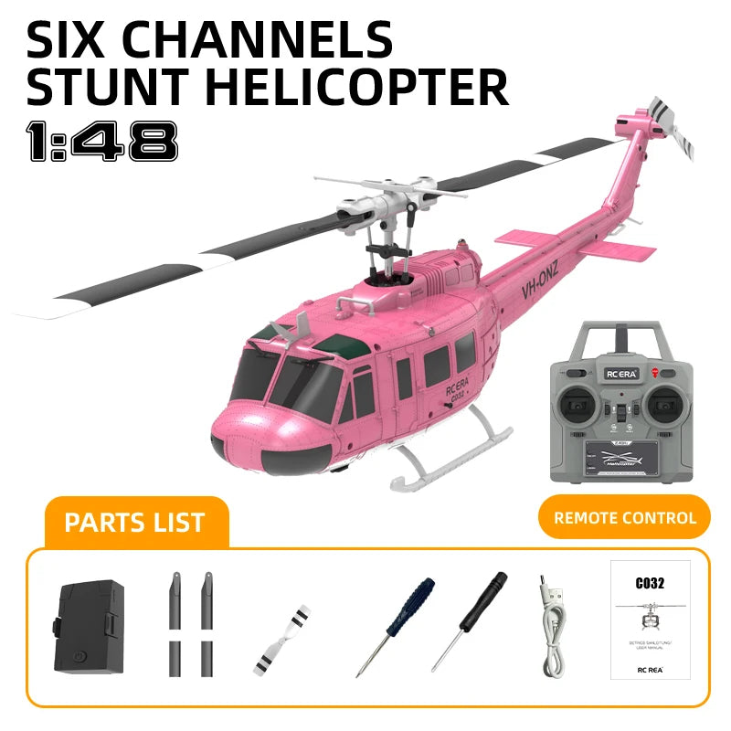 Pink stunt helicopter with remote control and parts list on a white background