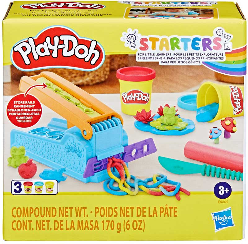 Play-Doh toy set packaging with tools and play-doh containers on a yellow background