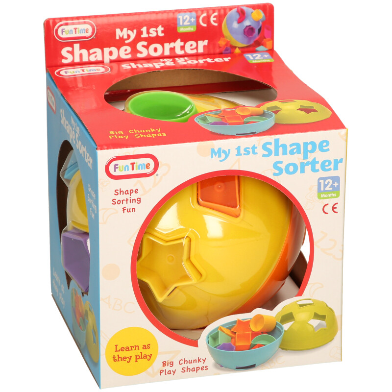Box of a toy called 'My 1st Shape Sorter' with colorful shapes on a white background
