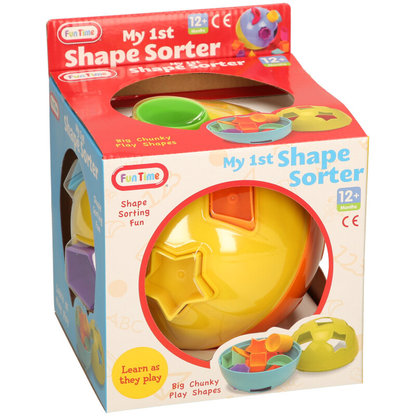 Box of a toy called 'My 1st Shape Sorter' with colorful shapes on a white background