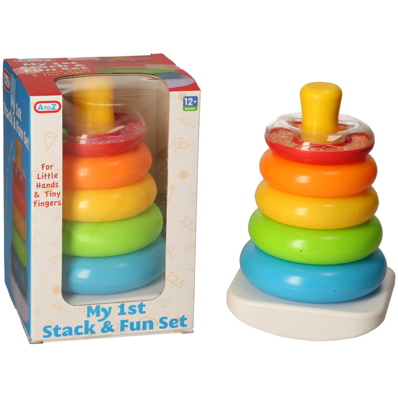Colorful stackable toy with a box labeled 'My 1st Stack & Fun Set' by Amezi on a white background.