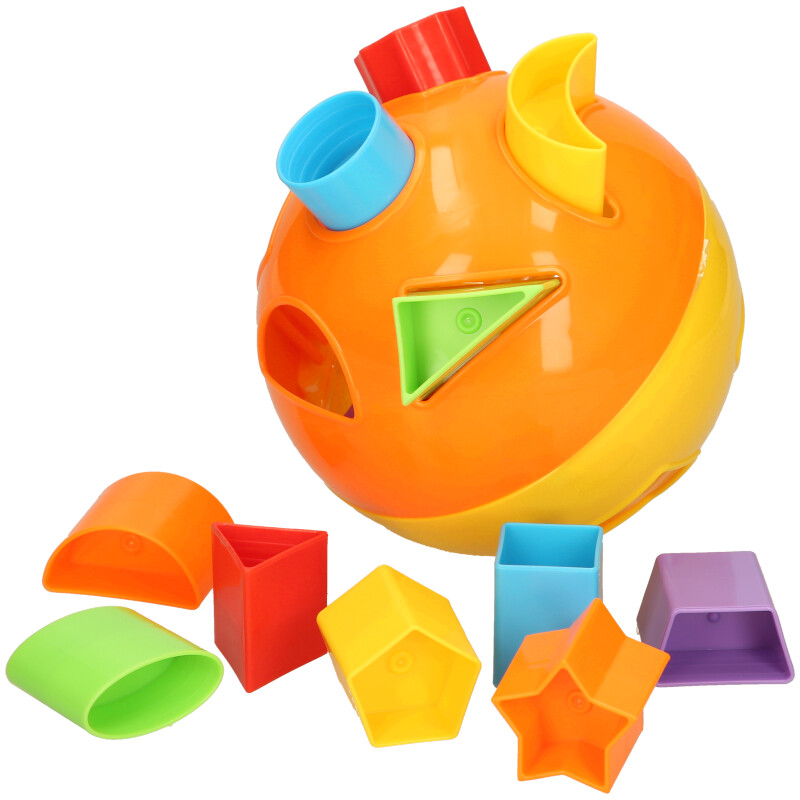 Colorful shape-sorting toy with various geometric shapes on a white background