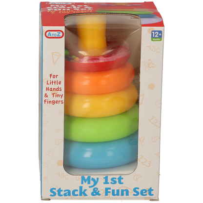 Colorful stackable toy set in a box with AtoZ branding