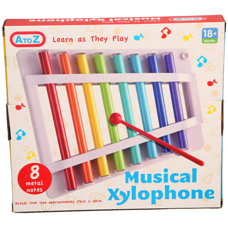 AtoZ Musical Xylophone toy packaging with colorful xylophone and red handle on a white background.
