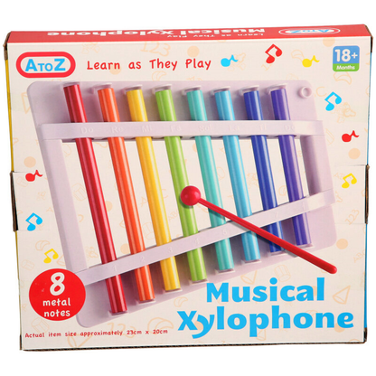 AtoZ Musical Xylophone toy packaging with colorful xylophone and red handle on a white background.