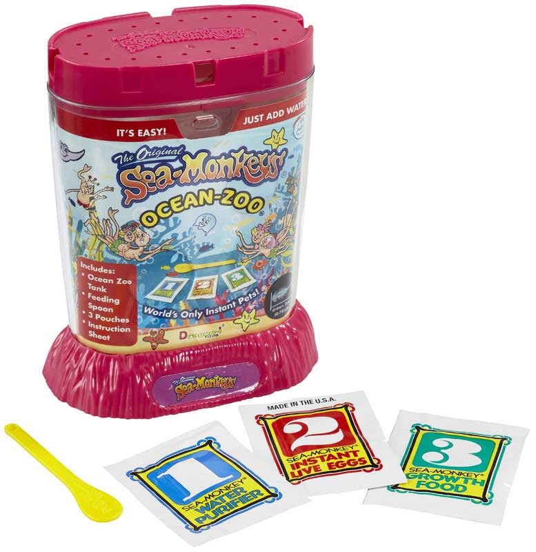 Sea-Monkey Ocean-Zoo kit with pink lid and colorful packaging on a white background