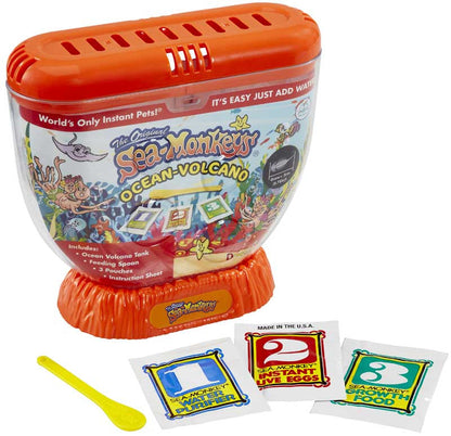 Sea Monkeys Ocean-Volcano kit with orange lid and colorful packaging on a white background