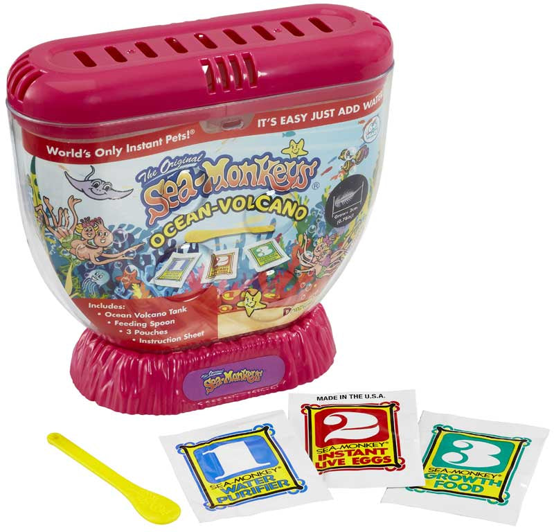 Sea Monkeys Ocean-Volcano kit with pink lid and colorful packaging on a white background