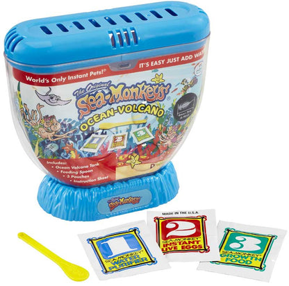 Sea-Monkeys Ocean-Volcano kit with blue container and colorful packaging on a white background