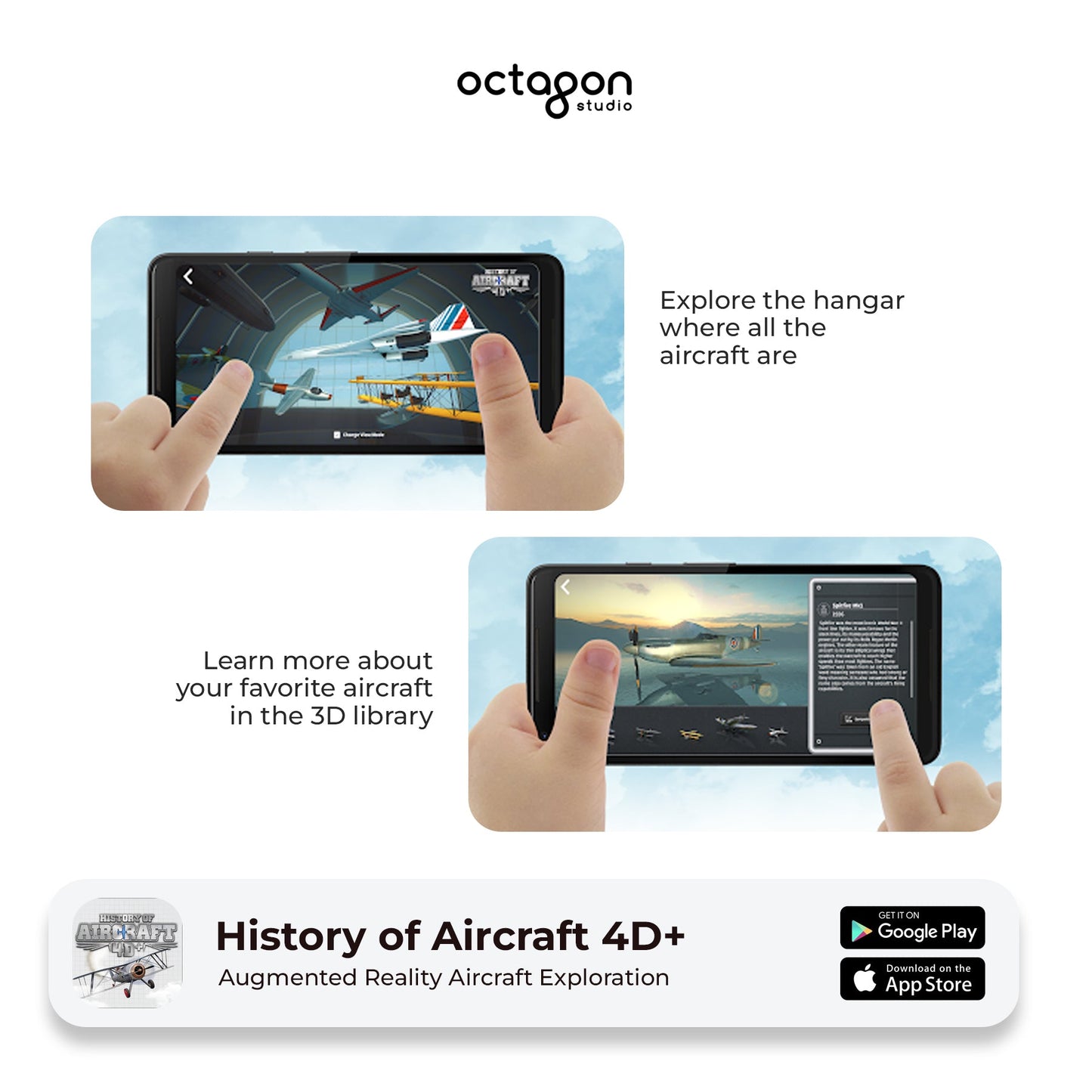 Aircraft 4D+ Augmented Reality Cards Promotional graphic for 'History of Aircraft 4D+' app with hands holding a tablet showing aircraft images.
