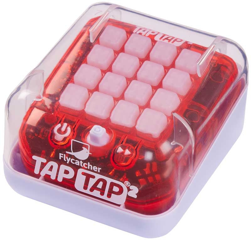 TAPTAP SMART FIDGET V2 - Experience High-Tech Fidget Fun at Your Fingertips! Red and white electronic device with 'Flycatcher Tap Tap' branding on a clear background