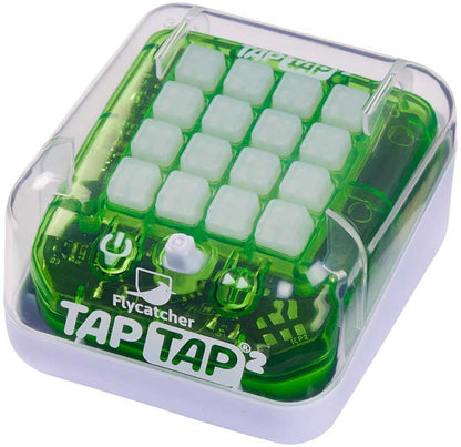 TAPTAP SMART FIDGET V2 - Experience High-Tech Fidget Fun at Your Fingertips! Green electronic device with 'Flycatcher Tap Tap' branding on a white background