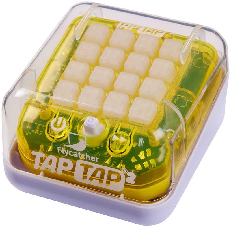 TAPTAP SMART FIDGET V2 - Experience High-Tech Fidget Fun at Your Fingertips! Flycatcher Tap Tap 2 device with clear cover on a white background