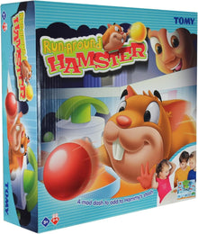 TOMY Run-Around Hamster Maze Game Box of 'Run-around Hamster' toy by TOMY with cartoon hamster design.