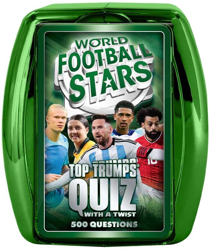 Top Trumps Quiz card game packaging with green border and football-themed design.