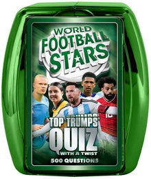 Top Trumps Quiz card game packaging with green border and football-themed design.