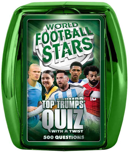 Top Trumps Quiz card game packaging with green border and football-themed design.