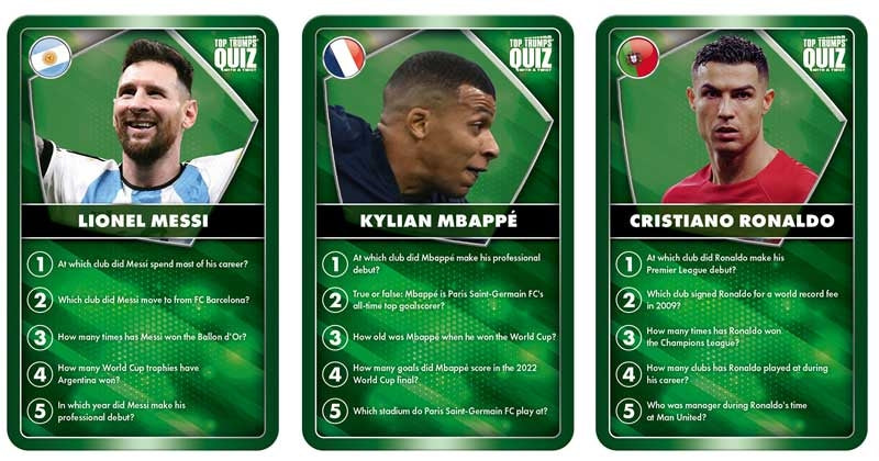 Three trading card-style quizzes featuring famous athletes Lionel Messi, Kylian Mbappé, and Cristiano Ronaldo on a green background.