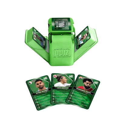 Green card holder with quiz cards featuring athletes on a white background