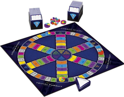 Trivial Pursuit board game with question cards and game pieces on a white background
