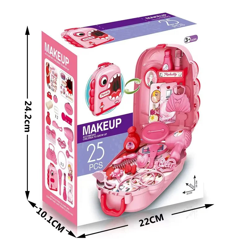 Pink toy makeup set with packaging displaying dimensions and product details.