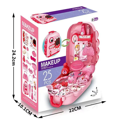 Pink toy makeup set with packaging displaying dimensions and product details.