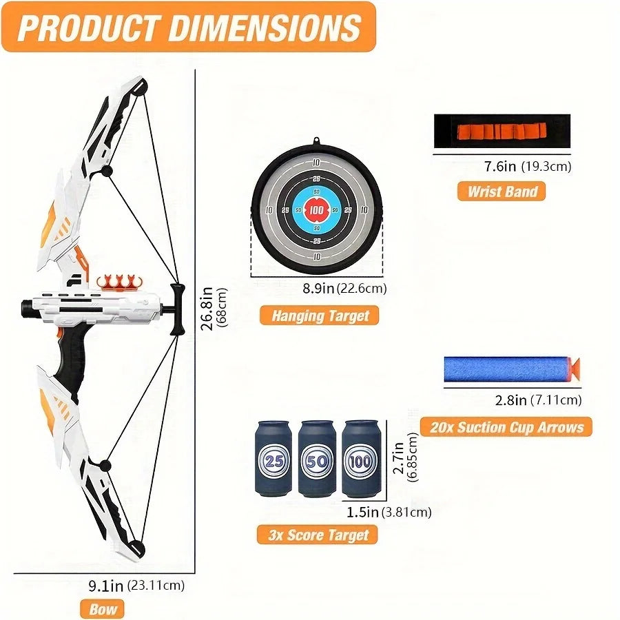 Measurement chart of an archery set with bow, target, and arrows on a white background.