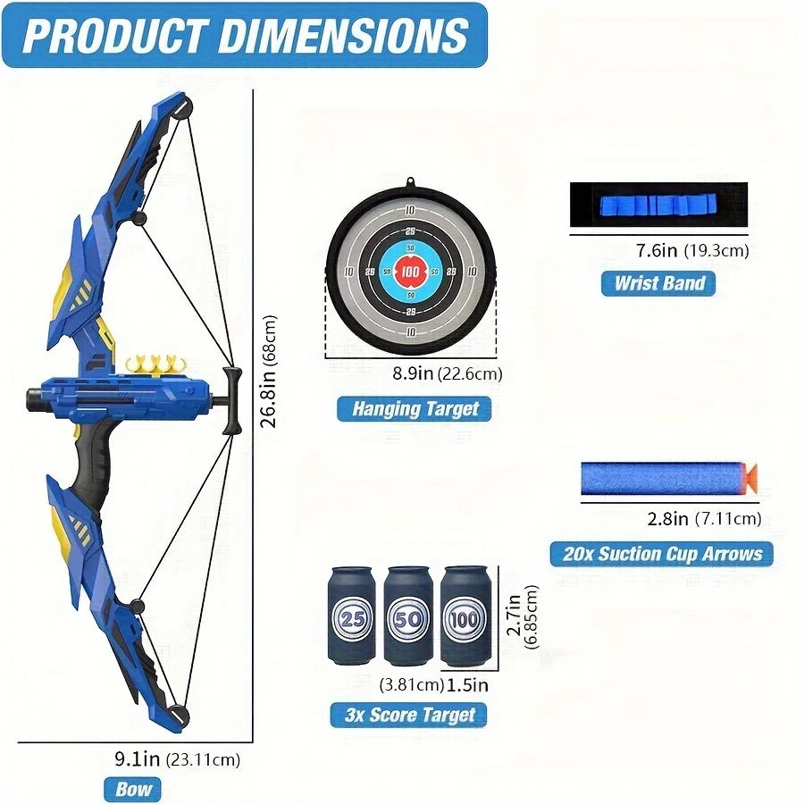 Archery set with dimensions labeled on a white background