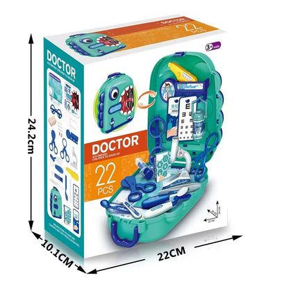 Toy doctor set packaging with dimensions on a white background