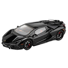 A 1:24 scale black diecast alloy model of a Revuelto racing car with scissor doors, detailed interior and exterior, and a liftable rear spoiler.