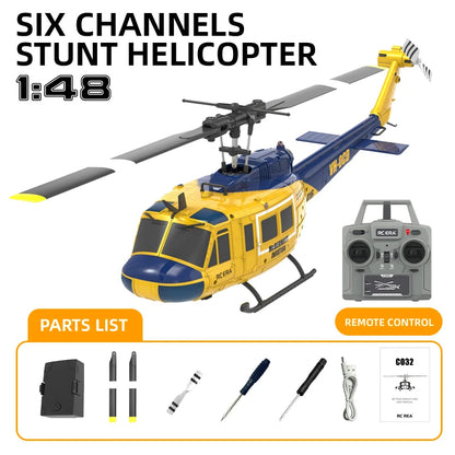 Model helicopter with remote control and parts list on a white background